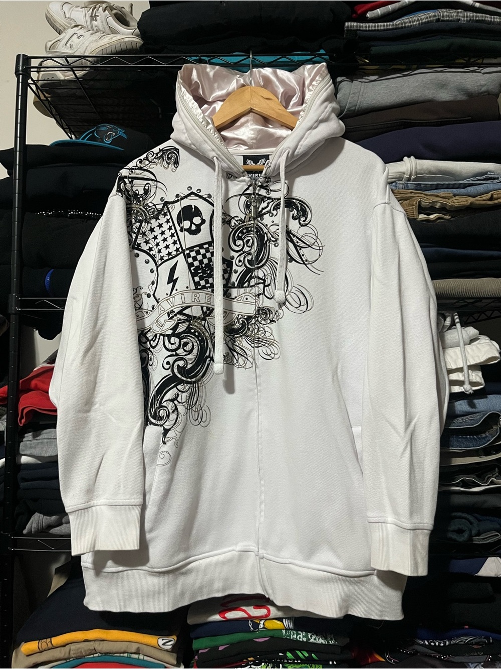 Avirex White Zip-Up Hoodie with Black Graphic
